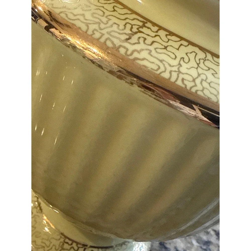 Vintage Hall China 099 Yellow 6 Cup Teapot Gold Filigree Ribbed Made in USA